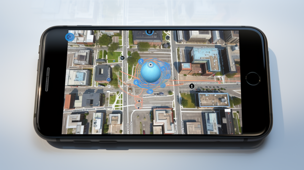 A imagem central mostra um mapa detalhado em um dispositivo, com um ponto piscante indicando a localização do telefone.