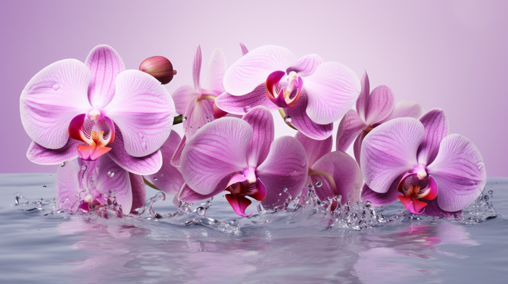 Uma imagem hiper-realista ilustra o cuidado meticuloso de regar uma orquídea, destacando a beleza vibrante da planta e a técnica adequada de rega